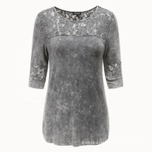 women comfortable nice looking loose fit T-shirt with lace shoulder snow washed graphite gray blouse lace tunic round neck top